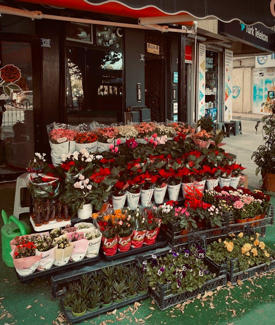 A vibrant display of fresh flowers arranged on outdoor benches in front of a storefront, featuring a variety of colorful blooms including red, pink, white, and purple flowers. The arrangement includes